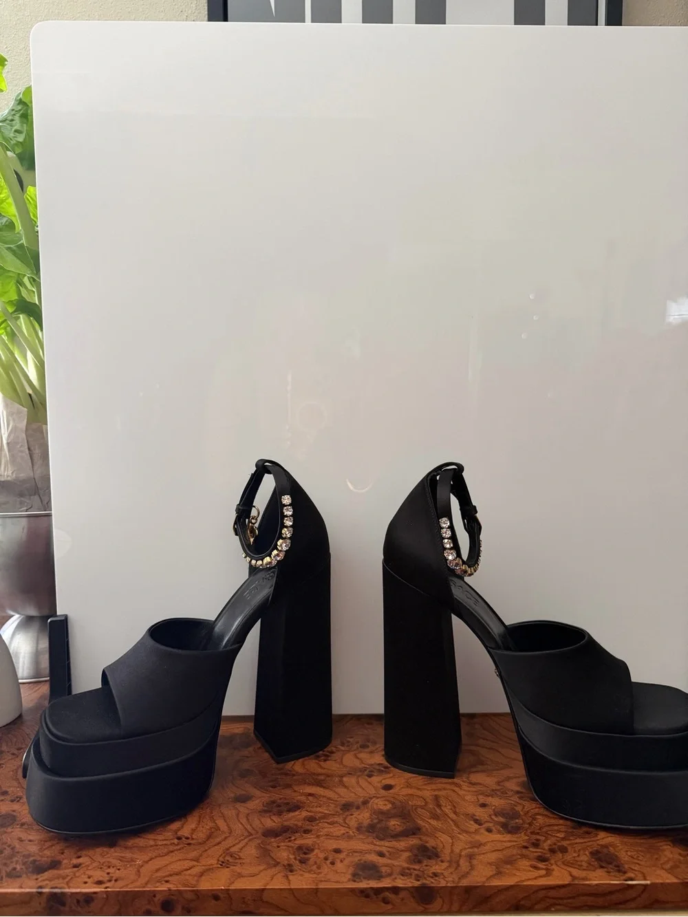 Versace Black Platform Block-Heel Sandals with Gold Chain Ankle Strap